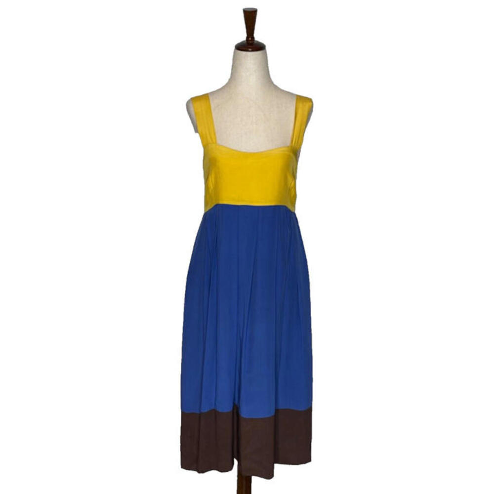 Roberta Freymann Colorblock Silk A Line Midi Dress M Pleated Button Back Flowy